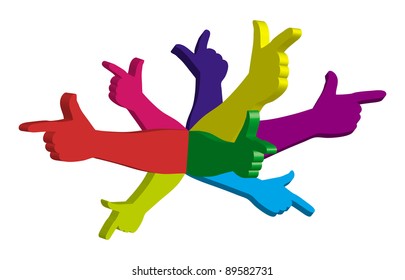 Color hands pointing in different directions. Symbol.
