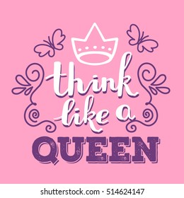 Color handwritten vector lettering with crown, curls and butterfly on pink background. Calligraphic inscription. Hand drawn lettering print. Apparel, t-shirt, bag, sticker, poster, card design