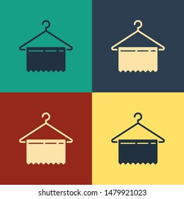 Color Hanger wardrobe icon isolated on color background. Clean towel sign. Cloakroom icon. Clothes service symbol. Laundry hanger sign. Vintage style drawing. Vector Illustration