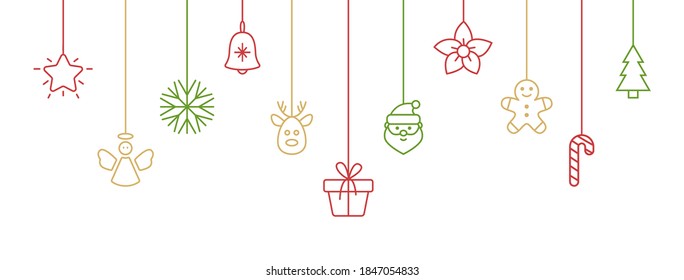 Color hanging baubles with snowflake, candy cane, santa, christmas tree, reindeer, angel, gift box. Christmas long banner. New year card. Party design. Celebration background. Vector illustration.