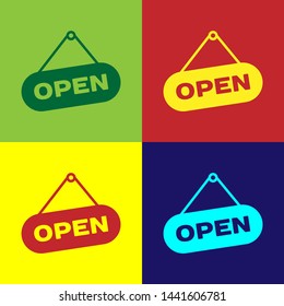 Color Hanging sign with text Open door icon isolated on color backgrounds. Vector Illustration