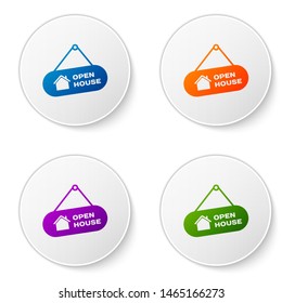 Color Hanging sign with text Open house icon isolated on white background. Signboard with text Open house. Set icons in circle buttons. Vector Illustration