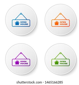Color Hanging sign with text Open house icon isolated on white background. Signboard with text Open house. Set icons in circle buttons. Vector Illustration