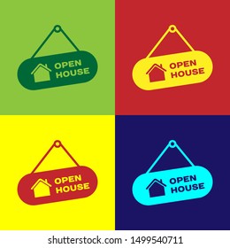 Color Hanging sign with text Open house icon isolated on color background. Signboard with text Open house.  Vector Illustration