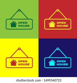 Color Hanging sign with text Open house icon isolated on color background. Signboard with text Open house.  Vector Illustration