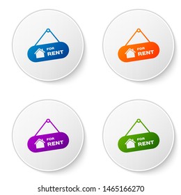 Color Hanging sign with text For Rent icon isolated on white background. Signboard with text For Rent. Set icons in circle buttons. Vector Illustration