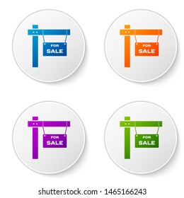 Color Hanging sign with text For Sale icon isolated on white background. Signboard with text For Sale. Set icons in circle buttons. Vector Illustration