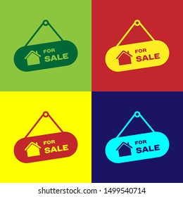 Color Hanging sign with text For Sale icon isolated on color background. Signboard with text For Sale.  Vector Illustration