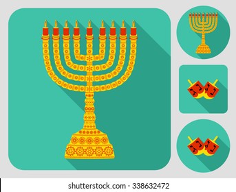 Color hanukkah icons with menorah and dreidels. Flat long shadow design.