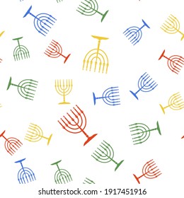 Color Hanukkah menorah icon isolated seamless pattern on white background. Religion icon. Hanukkah traditional symbol. Holiday religion, jewish festival of Lights. Vector.