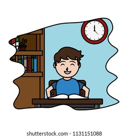 color happy children in the desk with open book