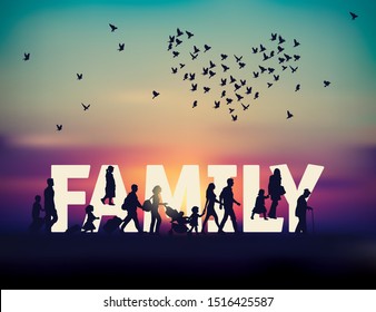 Color happy family word people travel silhouette sunrise and sky