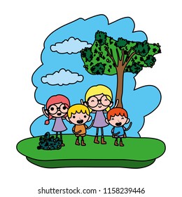 color happy girls and boys children in the forest