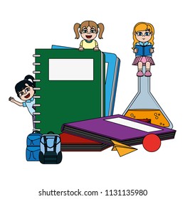 color happy girls students with school utensils