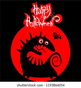 Color Happy Halloween banner with hand lettering greetings and sketch cartoon style horror characters. Vector illustration.