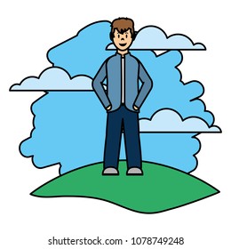 color happy man with clothes and hairstyle in the landscape