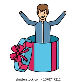 color happy man inside present gift with ribbon bow
