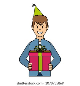 color happy man with present gift and party hat