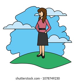 color happy woman with hairstyle and clothes in the landscape