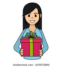 color happy woman with present gift and ribbon bow