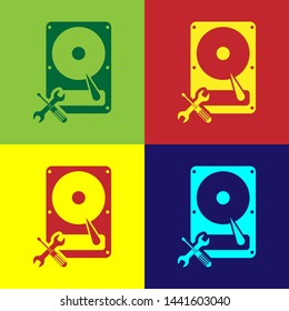 Color Hard disk drive with screwdriver and wrench icon isolated on color background. Adjusting, service, setting, maintenance, repair, fixing.  Vector Illustration
