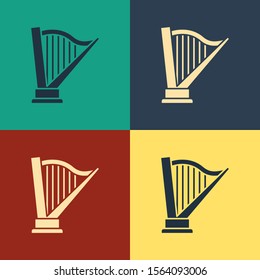 Color Harp icon isolated on color background. Classical music instrument, orhestra string acoustic element. Vintage style drawing. Vector Illustration