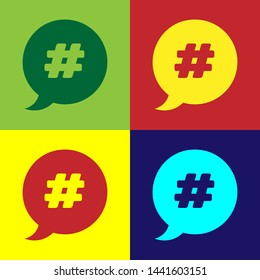 Color Hashtag speech bubble icon isolated on color background. Concept of number sign, social media marketing, micro blogging.  Vector Illustration