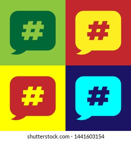 Color Hashtag speech bubble icon isolated on color background. Concept of number sign, social media marketing, micro blogging.  Vector Illustration