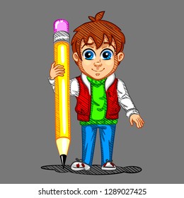 Color hatching of the boy. Sketch of the cute character. Logo for stationery, print for textbook, notebook, school supplies, etc. Color fill isn't the gradient. Vector illustration. EPS 8.