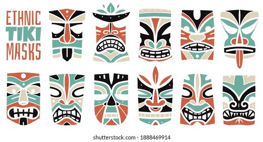 color hawaiian masks prints. Tiki idols heads, maya antique culture, traditional indigenous symbols, ancient maori gods. Vector set