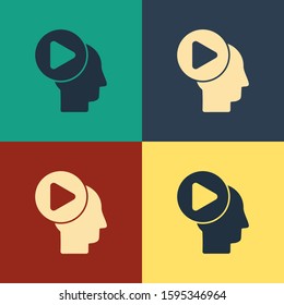 Color Head people with play button icon isolated on color background. Vintage style drawing. Vector Illustration