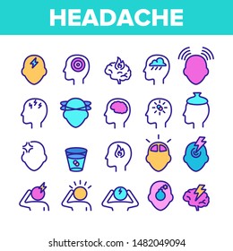 Color Headache Elements Icons Set Vector Thin Line. Migraine Brain, Tension And Cluster Headache Symptom Linear Pictograms. Head Medical Problem Illustrations