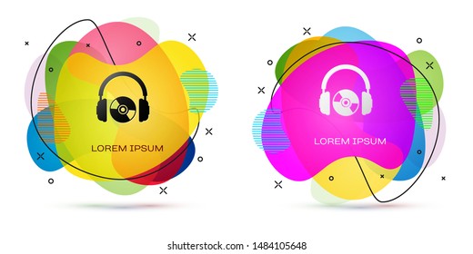 Color Headphones and CD or DVD icon isolated on white background. Earphone sign. Compact disk symbol. Abstract banner with liquid shapes. Vector Illustration