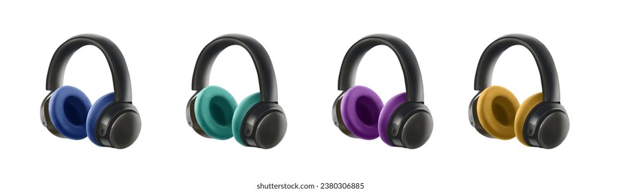 Color headphones icons set isolated on white background. Audio Stereo headphone illustration Call center operator equipment. Vector 3d