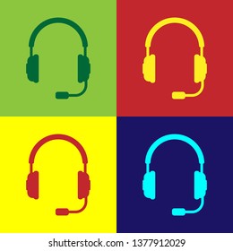 Color Headphones with microphone icon on color backgrounds. Earphones sign. Concept object for listening to music, service, communication and operator. Flat design. Vector Illustration