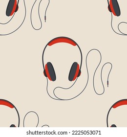 Color headphones seamless vector pattern. Flat design style. Red headphones pattern. Color vector background.