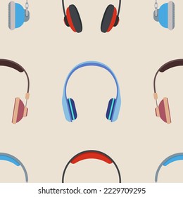 Color headphones seamless vector pattern. Flat design style. Different headphones pattern. Color vector background.