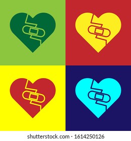 Color Healed broken heart or divorce icon isolated on color background. Shattered and patched heart. Love symbol. Valentines day.  Vector Illustration