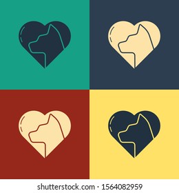 Color Heart with cat icon isolated on color background. Love to the animals. Vintage style drawing. Vector Illustration