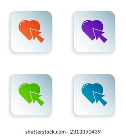 Color Heart and cursor click icon isolated on white background. Online dating. Click on like button. International Happy Women Day. Set colorful icons in square buttons. Vector Illustration