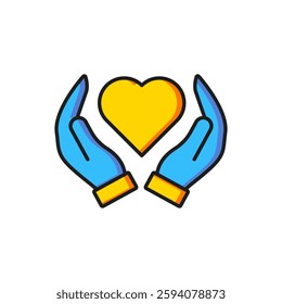 Color Heart in hand icon isolated on white background. Hand giving love symbol. Valentines day symbol. Flat filled outline style with shadow. Vector
