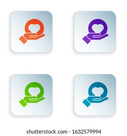 Color Heart on hand icon isolated on white background. Hand giving love symbol. Set icons in square buttons. Vector Illustration
