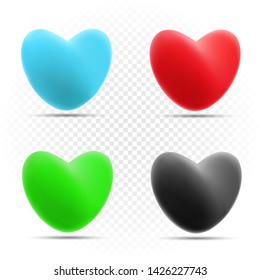 Color heart set with shadow on white transparent background. Blue red green and black hearts collection