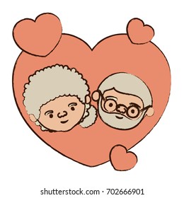 color heart shape greeting card decorative with caricature face of grandmother with side bun hair and bearded grandfather with glasses vector illustration