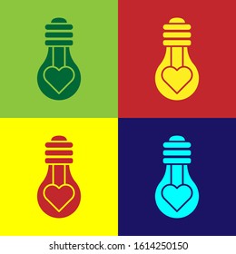 Color Heart shape in a light bulb icon isolated on color background. Love symbol. Valentine day symbol.  Vector Illustration