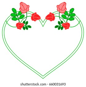 Color heart shaped frame with decorative red roses. Copy space. Vector clip art.