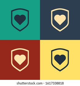 Color Heart with shield icon isolated on color background. Love symbol. Security, safety, protection, protect concept. Valentines day. Vintage style drawing. Vector Illustration