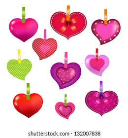 Color Hearts With Clothespegs With Gradient Mesh, Isolated On White Background, Vector Illustration