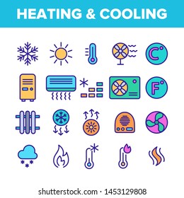 Color Heating And Cooling System Vector Linear Icons Set. Heating And Cooling Air Conditioning Outline Symbols Pack. Temperature Control Equipment. Radiator, Fan, Thermometer Contour Illustrations