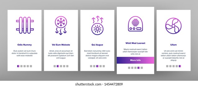 Color Heating And Cooling System Vector Onboarding Mobile App Page Screen. Heating And Cooling Air Conditioning Outline. Temperature Control Equipment. Radiator, Fan, Thermometer Contour Illustrations